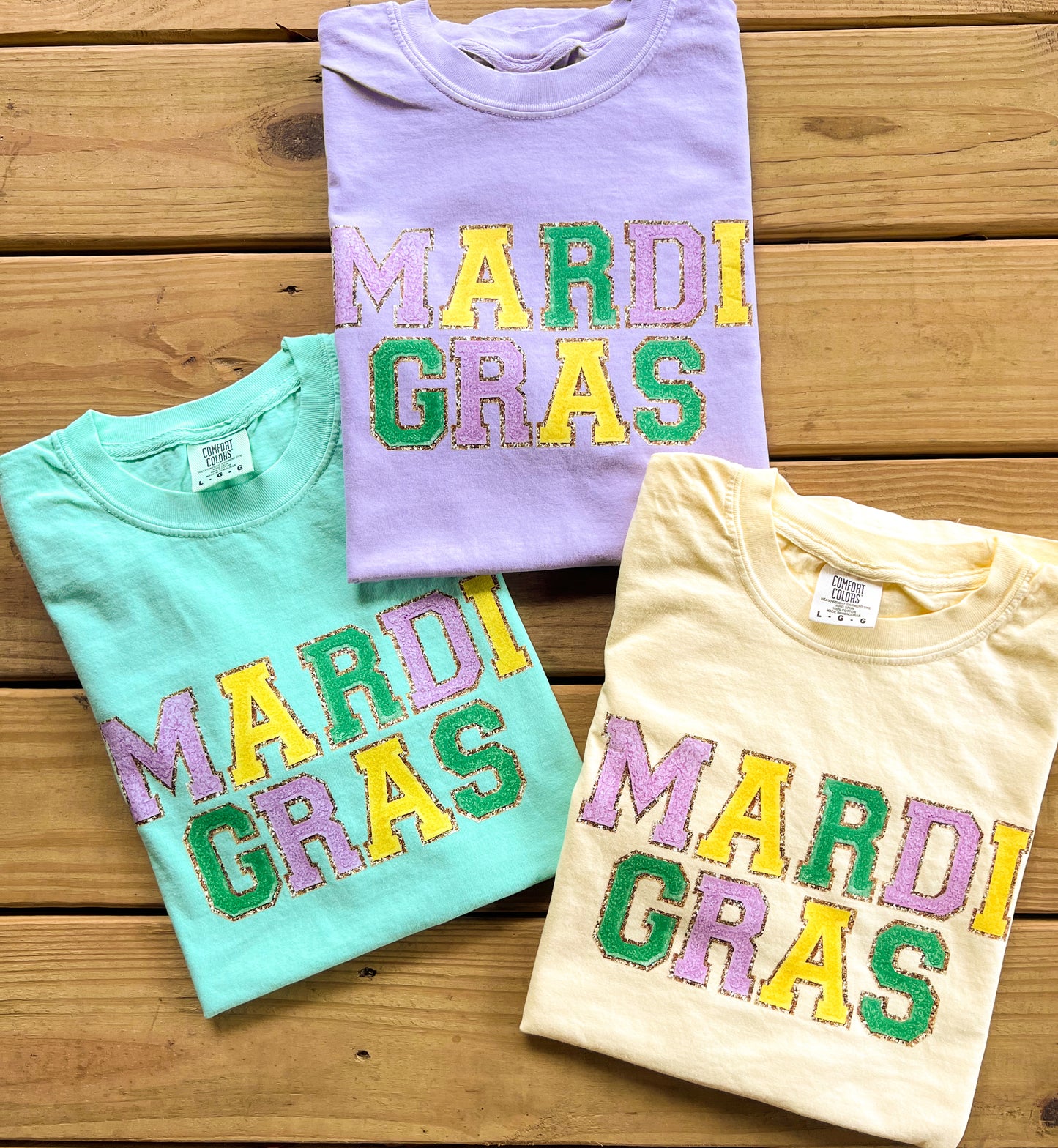 *Faux* Chenille Patch Mardi Gras Tee - Comfort Colors