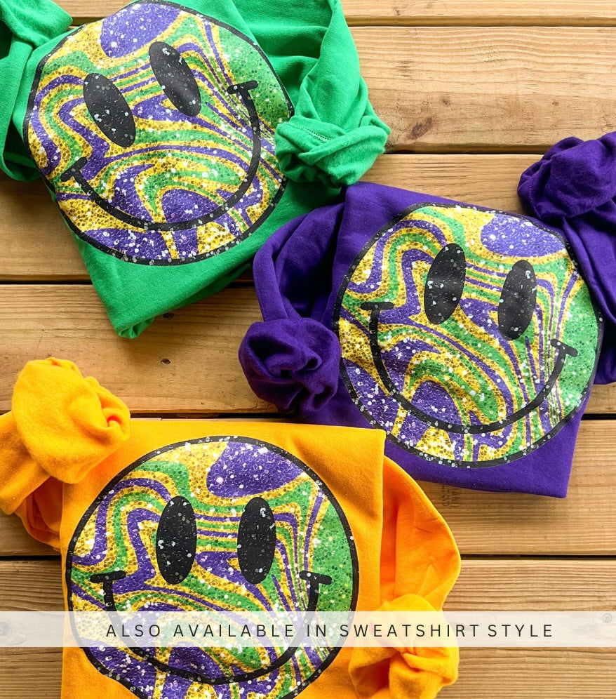 *FAUX* Glitter Mardi Gras Groovy Smiley Face (Comfort Colors)