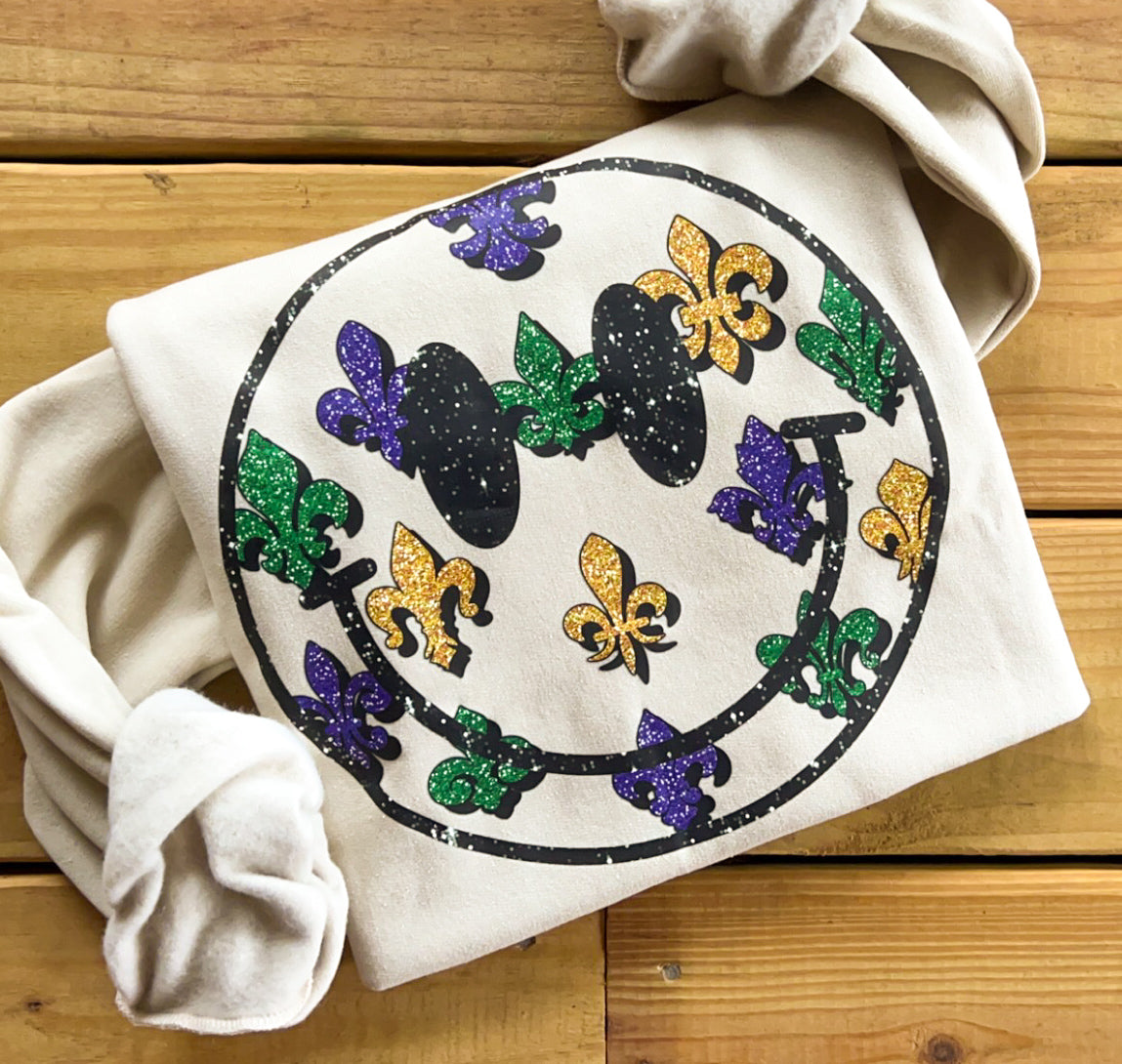 *FAUX* Glitter Smiley Fleur de Lis Sweatshirt
