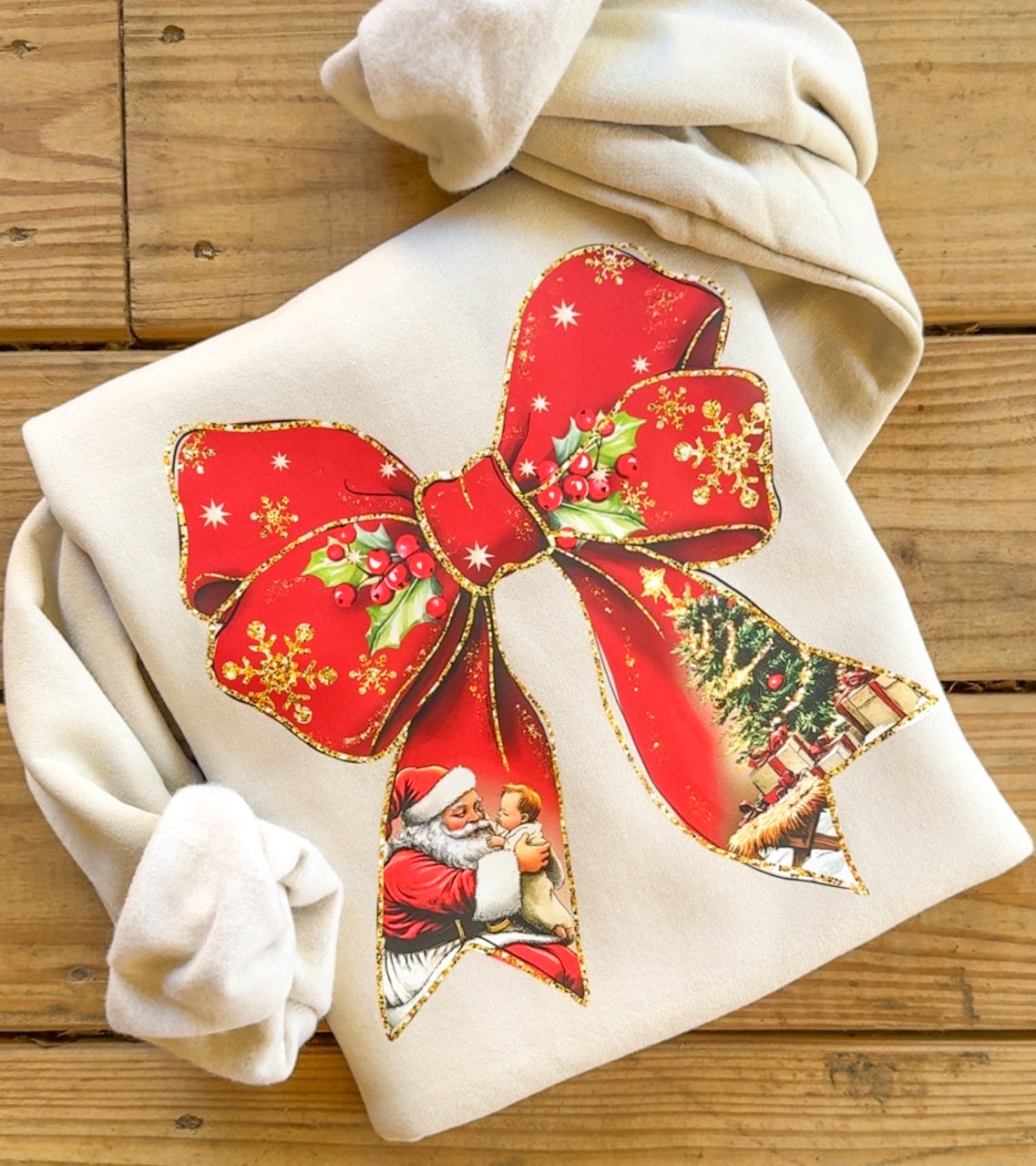 Red Christmas Scene Bow Sweatshirt