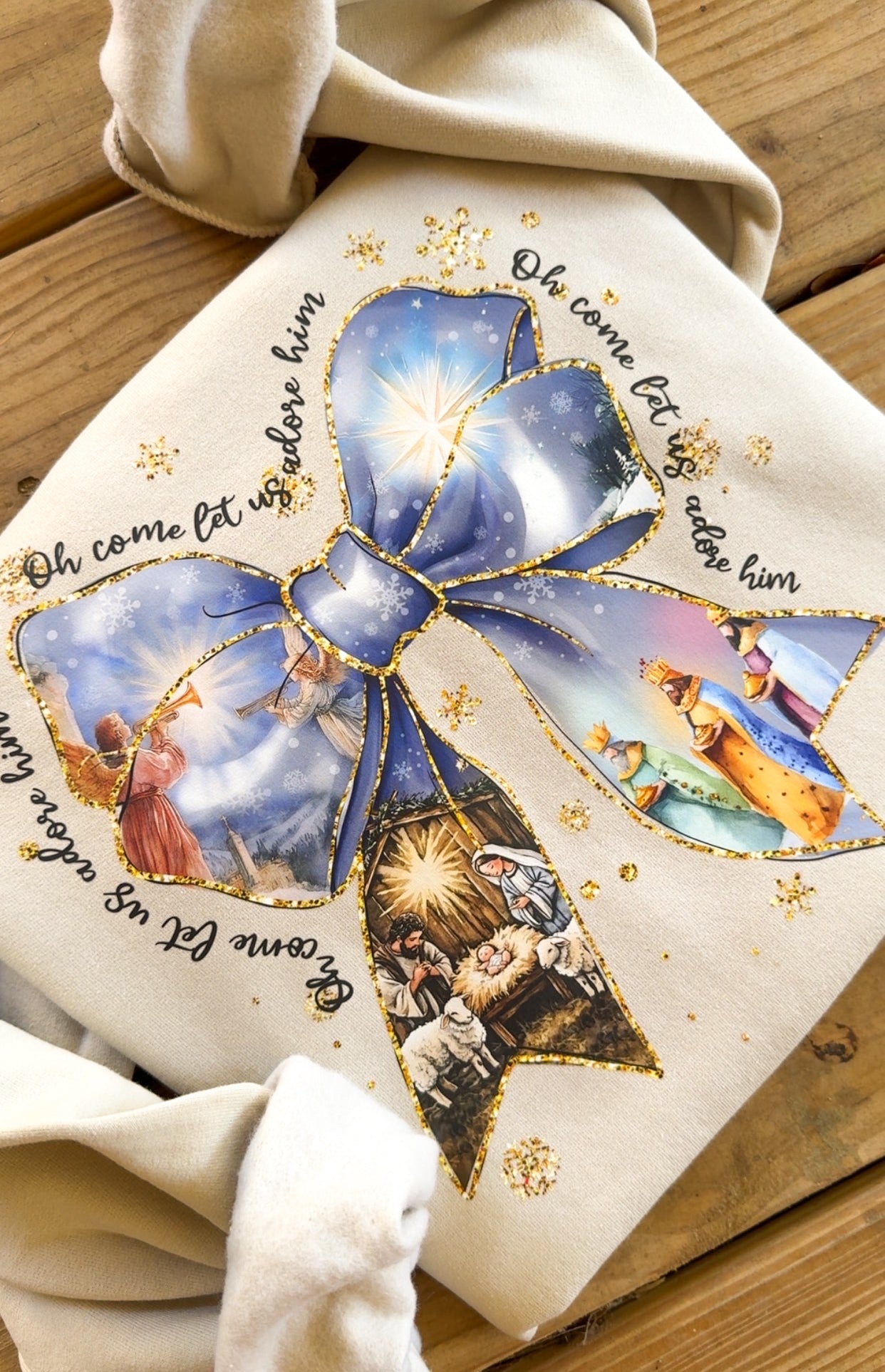 Oh Come Let Us Adore Him Bow Nativity Sweatshirt