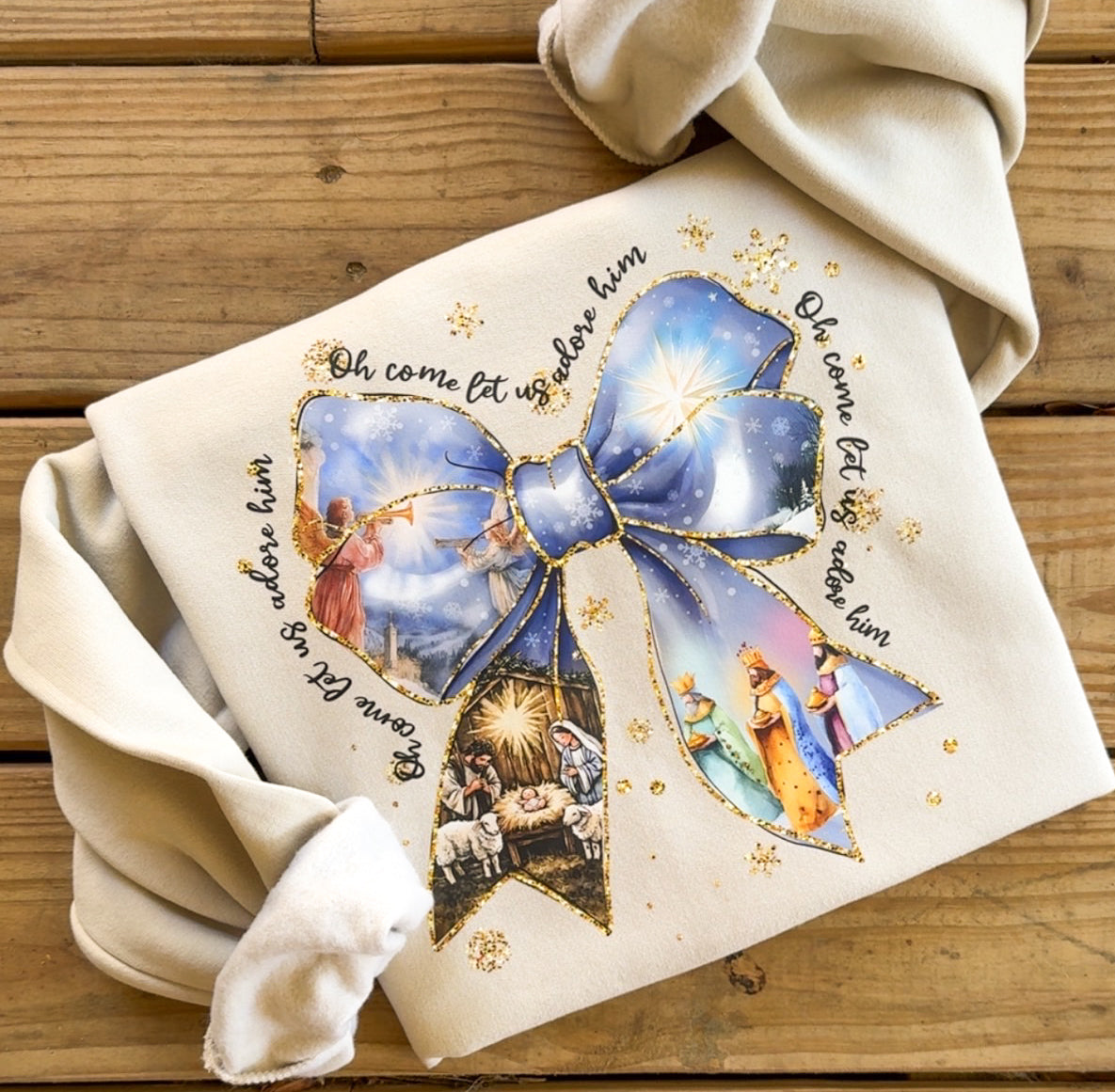 Oh Come Let Us Adore Him Bow Nativity Sweatshirt