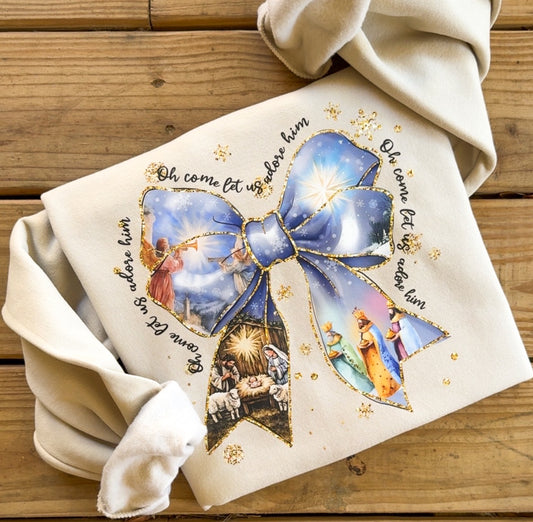 Oh Come Let Us Adore Him Bow Nativity Sweatshirt